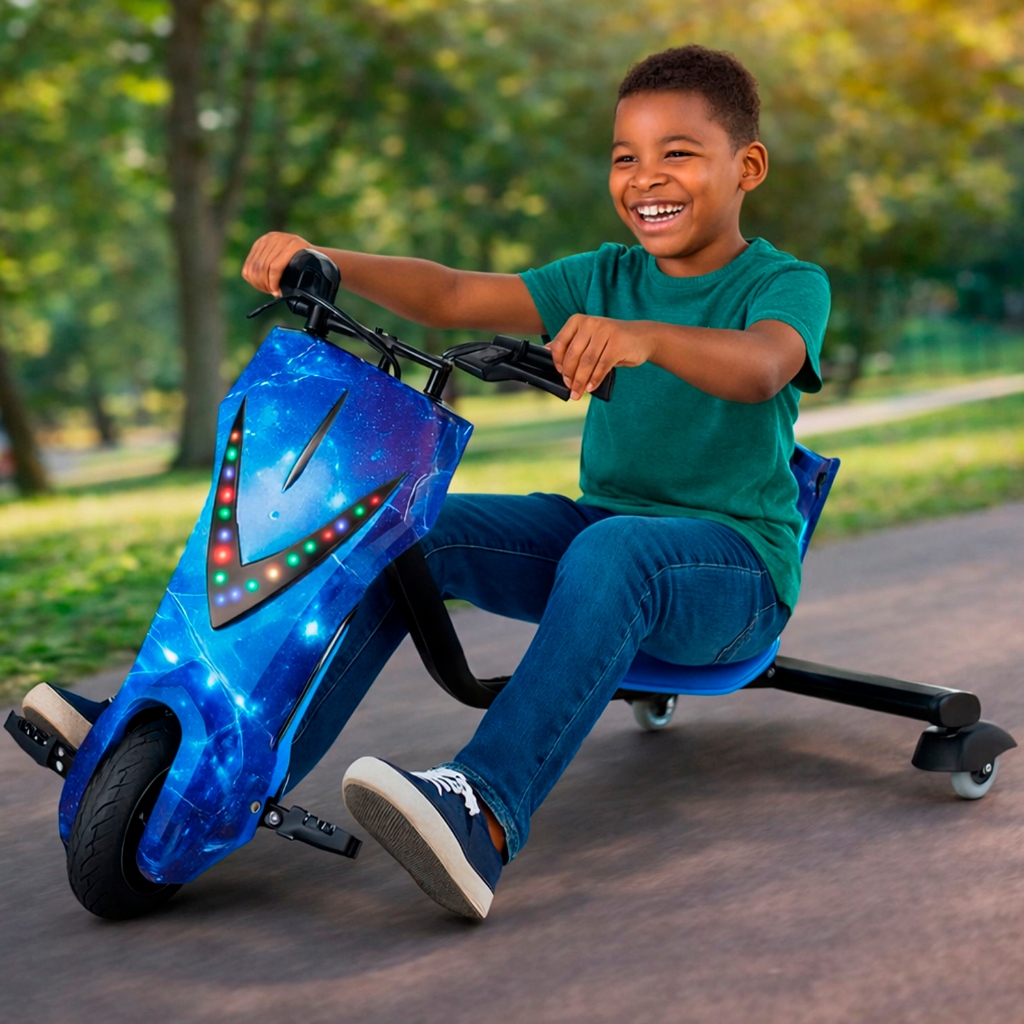 Criança sorrindo em triciclo elétrico infantil com LED